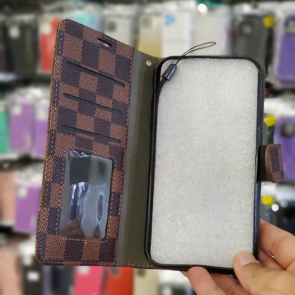 iPhone 12 models Valreda LUXion Brown Checker Flip Wallet Case - Picture 2 of 2